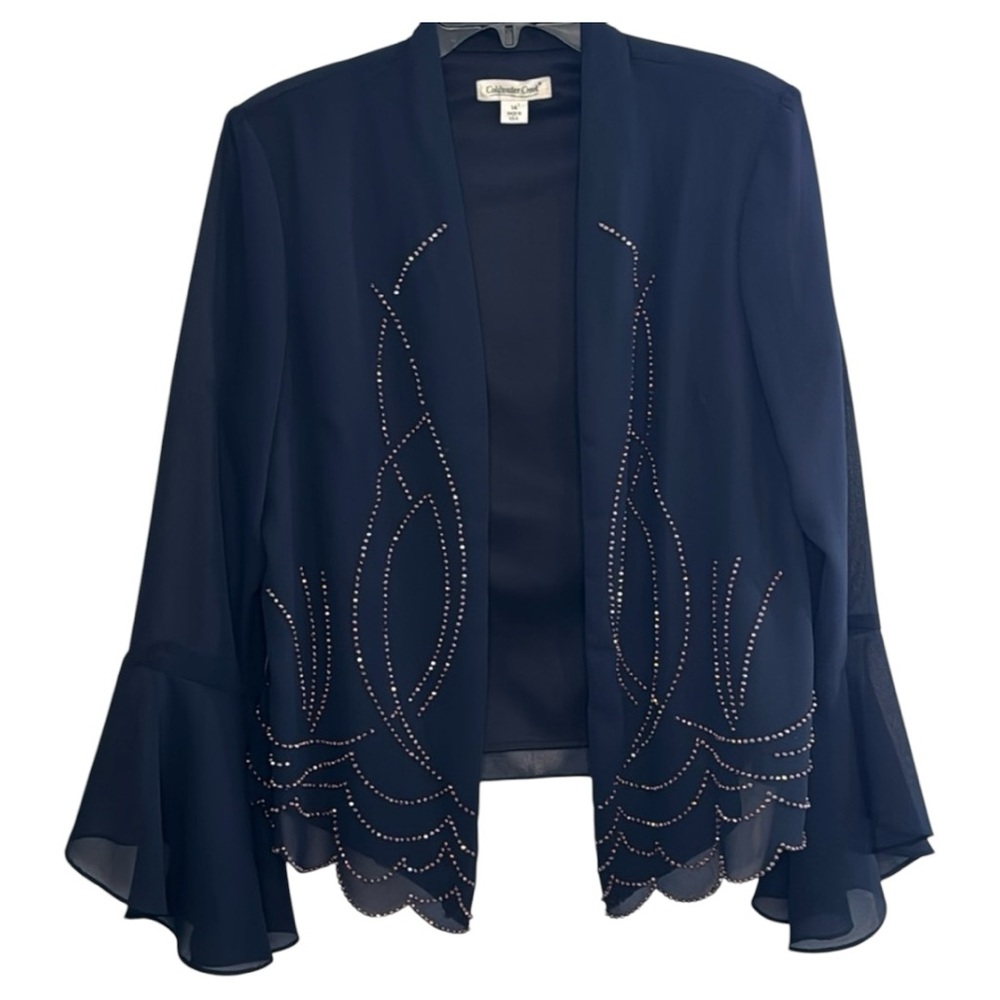 Coldwater Creek Cardigan Navy w/ Bell Sleeve Beaded Detail in Size 14 EUC